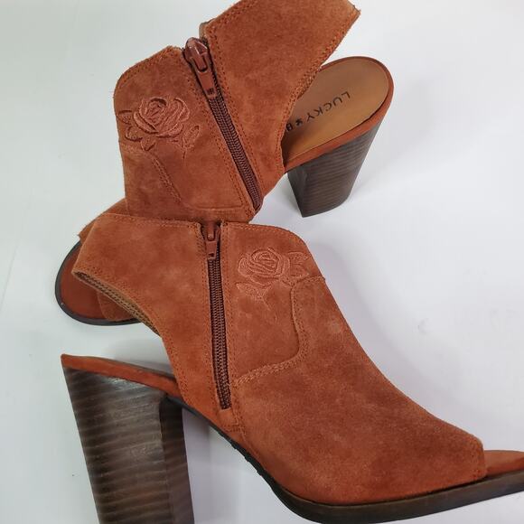 Lucky Brand Women's S 9M Listana Suede Embroidered Peep Toe Burnt Orange Booties - Picture 13 of 14